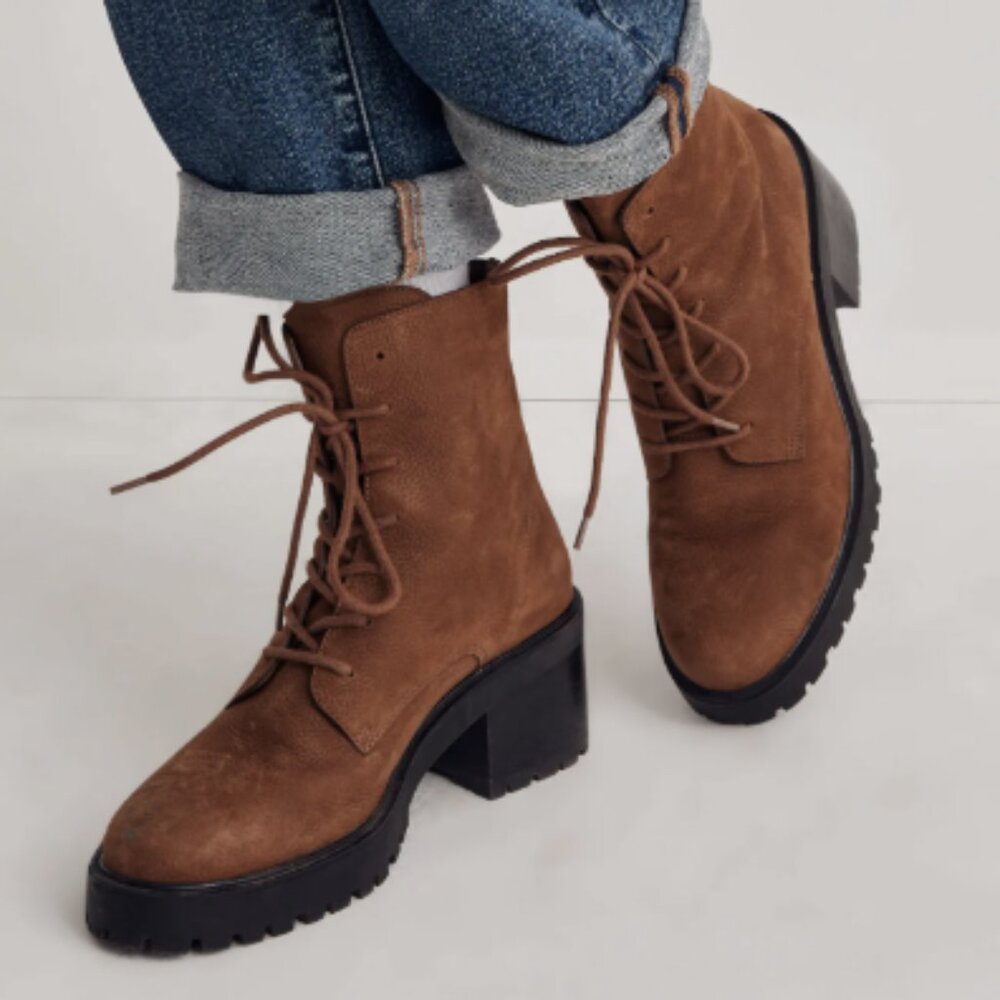 Madewell The Bradley Leather Lace-Up Lugsole Boot in Burled Wood Brown Size 9